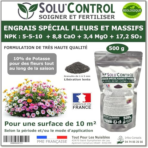 500 g - Engrais Spécial Fleurs et Massifs NPK 5-5-10 - Favorise une floraison abondante, éclatante et durable - Utilisable en Agriculture Biologique (UAB) - Fabriqué en France
