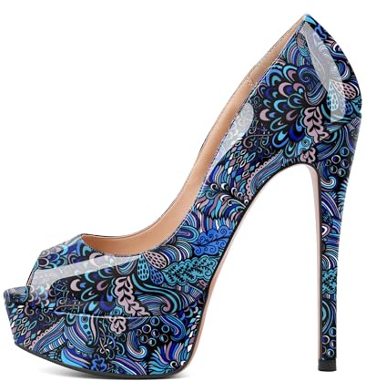 EDEFS Escarpins Stiletto à Bout Ouvert Femme 15 cm Plateforme Talons Hauts avec Bout Rond Glamour Travail Soirée Fleur Bleue EU42