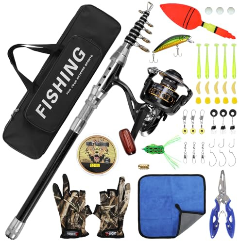 Geegear Teleskopangel Angelrolle 2,4m/8ft, Kohlefaser Angelrute, Angelset Teleskop-Rute mit Rolle, Ködern, Angelzubehör und Angel-Tasche Kombi zum Angeln in Salzwasser und Süßwasser
