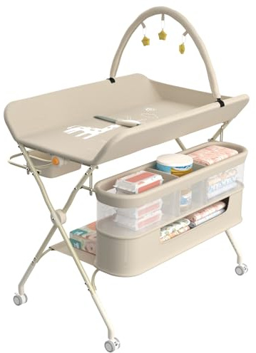 Homewell Baby skötbord med leksakshylla vikbart, bärbart skötunderlägg, babyskötbord, 5 nivåer justerbara höjder, babybadkar och skötbord, 80 x 73 x (86–94) + 30 cm (beige)