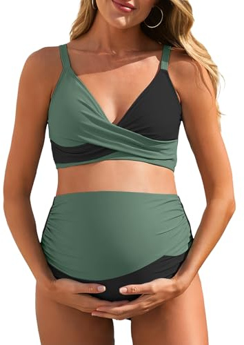 Summer Mae Maternity Bikini Swimsuit Color Block Two Piece Criss Cross V Neck Bathing Suit High Waist Pregnancy Swimwear Green 14
