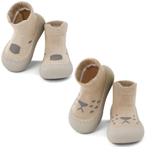 LACOFIA 2 Pack Baby Sock Shoes with Grips Anti-Slip Soft Sole First Walkers for Boys Girls Toddler Barefoot Shoes Prewalkers Khaki+Coffee 12-18 Months