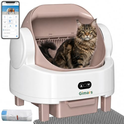Gimars Litière autonettoyante Open Top Design pour Plusieurs Chats et Chats âgés, contrôle par Application avec capteurs de sécurité, Faible Odeur, Comprend des Sacs Poubelle et Un Tapis de litière