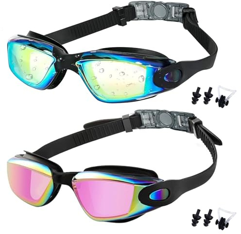 Medsuo Swim Goggles 2 Pack Swimming Goggles Anti Fog No Leaking For Adult Women Men Youth (Blue& Brigt Rose)