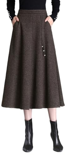Dam tjock kjol vintage hög midja A-linje swing midi-kjol elastisk midja vinterkjolar med fickor, Brun, S
