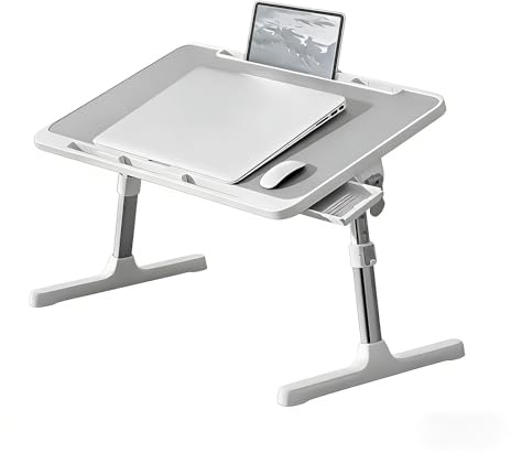 ShkitAelling Table d'ordinateur portable pour lit et canapé, table de lit pliable en hauteur et en inclinaison avec tiroir, table portable pour canapé, sol, travail, étude, lecture, écriture