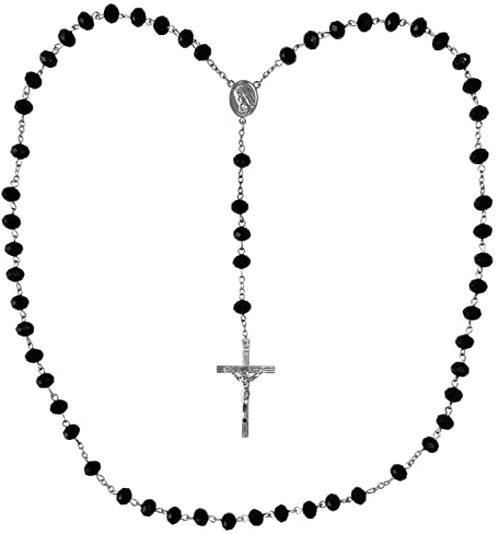 Kaltner Präsente Geschenkidee - Rosenkranz für Damen und Herren mit Kreuz Anhänger Marienbild und Glas Perlen Farbe Schwarz (Länge 74 cm)