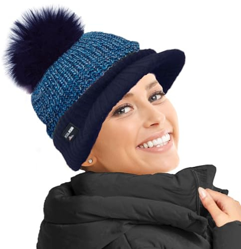 RockJock Ladies Warm Fleece Lined Knitted Peaked Beanie Baseball Cap with Detachable Faux Fur Pompom- wear with or Without Blue