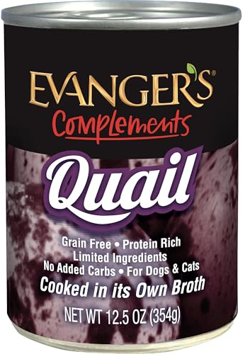 Evanger's Complements Grain Free Quail for Dogs, Cats & Ferrets β 12 Count, 12.5 oz Each β Single Protein, Grain & Gluten Free, Limited Ingredients, Nutrient-Rich Broth