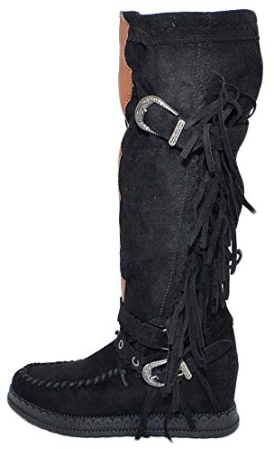 Stivali Donna Indianini Neri Scamosciati con Frange Zeppa Interna 5 cm Cinturino Fibbia Altezza Ginocchio Moda (37 EU)