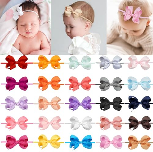 25 Colors Baby Girls Headbands 3Inch Grosgrain Ribbon Bow Nylon Headbands