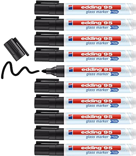 edding 95 glass marker - black - 10 glass pens - round nib 1.5-3 mm - washable window marker pen - for writing and marking on glass surfaces, windows, glassboards, whiteboards - dry-wipeable