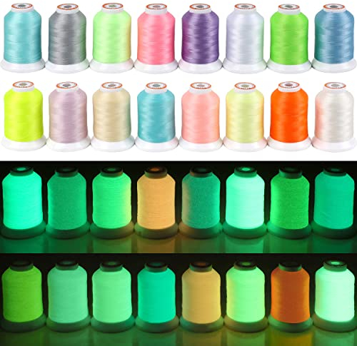 New brothread 16 Farben Leuchtend Leuchten im Dunkeln Maschinenstickgarn Set 30WT 500M (550Y) Jede Spule zum Sticken, Quilten, Nähen