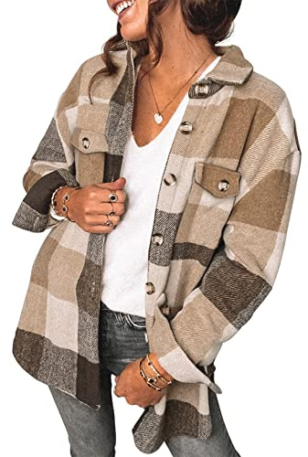 Saslax - Camicie da donna in flanella, oversize, a maniche lunghe, a quadri, casual, per l'autunno, con bottoni, giacca, top con tasche, kaki, taglia S, kaki