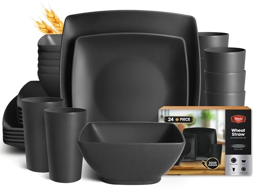 Teivio 24-piece Plastic Wheat Straw Square Dinnerware Set for 6, Unbreakable Dinner Plates, Salad Plates, Snack Bowls, Tumblers 13.5 oz, Dishwasher Safe, Outdoor Kitchen RV Dishes, Black