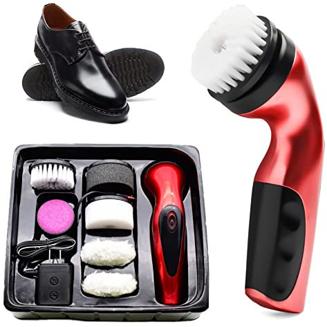 Electric Shoe Brush Polisher, Electric Shoe Shiner Dust Cleaner Foot Callus Remover Shoe Cleaning Kit Portable Electric Shoe Washer Set for Leather Shoes, Sofas and Other Leather Products (Red)