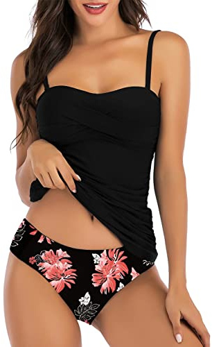Yutdeng Bañador Mujer Dos Piezas Tankini Push Up Relleno Traje de Baño Reductor Plisado Tankini con Aros y Tirantes Desmontables Bikini Bandeau sin Espalda Braga de Swimwear Triángulo