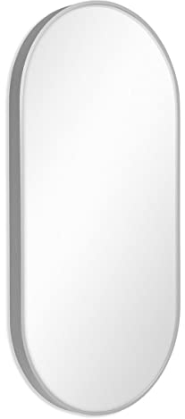 PHOTOLINI Badezimmer Spiegel oval Silber 40x80 cm mit Metallrahmen, Bad Spiegel, Silberner ovaler Wandspiegel zum Aufhängen, schmaler Rahmen, Dekoratives Highlight für Flur, Garderobe und Gäste WC