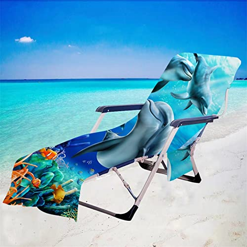 Surwin Sun Lounger Beach Towel with Pockets, 3D Ocean Dolphin Print Beach Chair Cover Chaise Lounge Towel Cover Mate Sunbed Towels For Summer Holiday Garden Outdoor Pool (75x210cm,Blue)