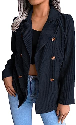 L9WEI Blazer à revers en velours côtelé élégant pour femme - Couleur unie - Manches longues - Pour automne et hiver, 01# bleu., 3XL