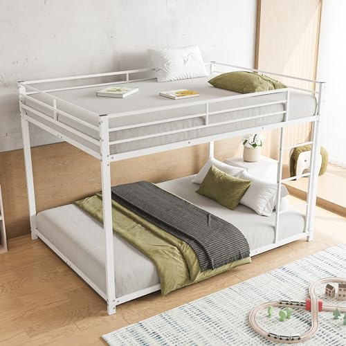 Azkoeesy Letto a castello in metallo, 140 x 200 cm, letto matrimoniale, con rete a doghe e protezione anticaduta, per bambini, ragazzi e adulti (bianco, 140 x 200 cm)
