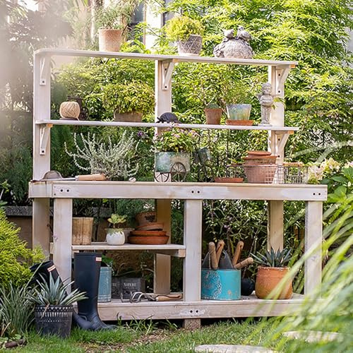 Tavolo per Piantare Panca in Legno per Esterno, Postazione di Lavoro da Giardino con Scaffale Multifunzionale a 4 Strati, Tavolo da Giardinaggio Fai-da-te per Patio, Cortili, Balcone