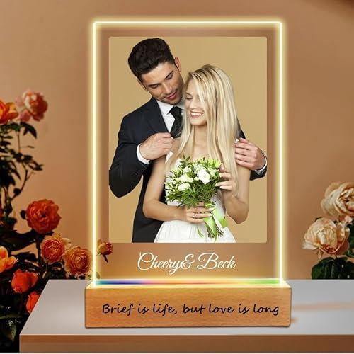 Cadre Photo en Acrylique avec Votre Photo Préférée, Texte, Base, Lumières LED en Option - Cadeaux Personnalisables pour Hommes et Femmes (5 Tailles: 15-40 cm)