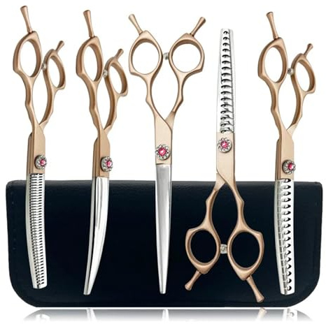 Floraslee Set di scissori professionali per cani da 7, taglio dritto, curvo e curvo e scissori curvati e cesoie curved Chunkers Shears (forbici curve)