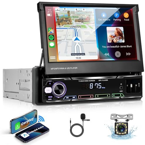 VECHTEL Autoradio 1 Din con Wireless Carplay Android Auto, Stereo Auto Scomparsa con Schermo Tattile Retrattile 7 Pollici, Audio per Auto con Bluetooth 5.1 Radio AM FM RDS 2USB/AUX SWC+ Telecamera
