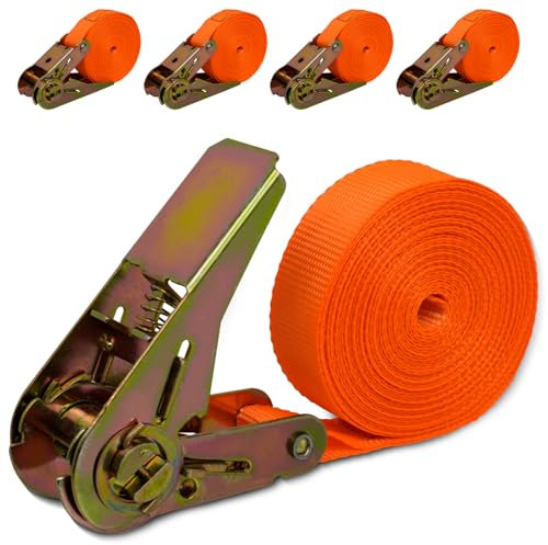 ZephyrCraft 4 Pack Heavy Duty Ratchet Straps, 6m x 25mm, 1000kg Load Capacity, Durable Tie Down Straps for Load Securing, Luggage Straps, Roof Rack Straps (Orange)