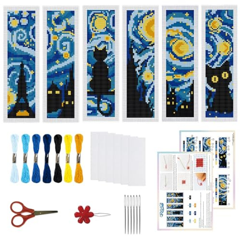 ORIGACH Kit de 6 marque-pages au point de croix nuit étoilée et chat noir | avec instructions pour débutants - Kit de bricolage imprimé au point de croix pour les amateurs de
