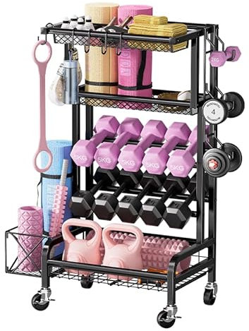 Hantelständer, Multifunktionaler Hantelscheibenständer mit Haken und Rädern, Home Gym Lagerung für Yoga-Equipments, Belastbarkeit 120 KG, Sowohl für Kurzhanteln & Kettlebells geeignet,Yogamatten