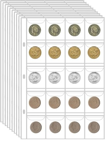 JUNDUN 10 ark myntsamlingssidor, myntficka för myntalbum | 3-hål, 20 fack, 33 x 33 mm (S)