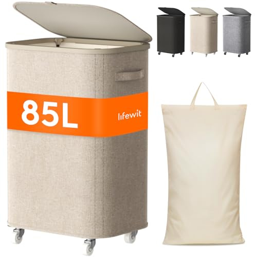 Lifewit Cesto Porta Biancheria Sporca con Coperchio e Ruote, Portabiancheria Pieghevole con Sacco Rimovibile, Laundry Basket per Camera da Letto, Bagno e Lavanderia, 85L, Beige