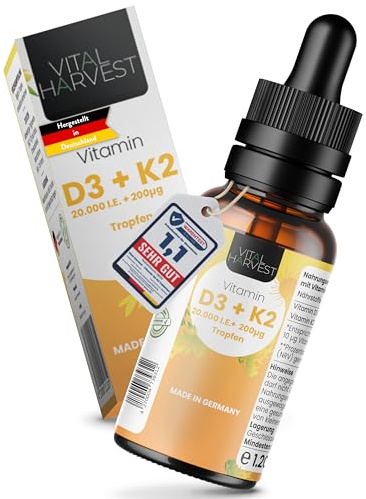Vital Harvest® Premium Vitamin D3 K2 Tropfen 20.000 IE 30ml | Hochdosiertes D3 & K2 MK-7 | Veganes Vitamin D3 + Vitamin K2 MK7, laborgeprüft in Deutschland hergestellt - ohne Zusatzstoffe