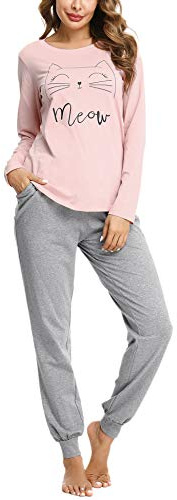 Sykooria Conjunto de Pijama Mujer Algodón de Manga Larga Pijama de Invierno Top y Pantalones Ropa de Dormir Suave para Mujer Pjs Lounge Wear(Rosa,XXL)
