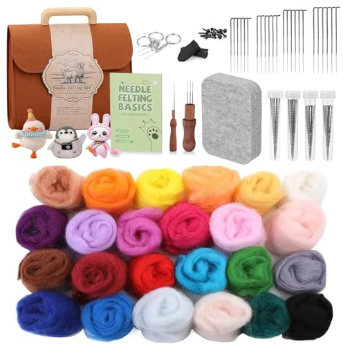 Kit de feutrage aiguilleté, avec laine de feutrage à sec, 24 couleurs, kit de démarrage pour débutants avec aiguilles à feutrer, outils, boîte de rangement et instructions (français non garanti) pour