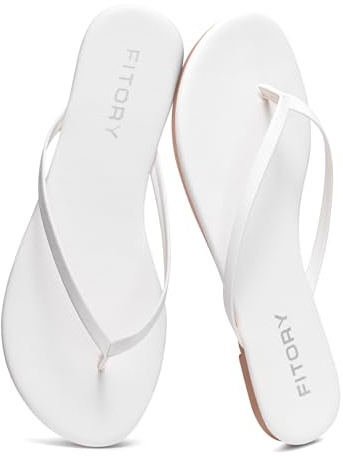 FITORY Women's Leather Flip Flops，Comfortable Open Toe Thong, Ladies Elegant Slim Flats sandals with Gloss Design for Summer Beach Pool，Yoga Sling Footbed Light White UK Size 6