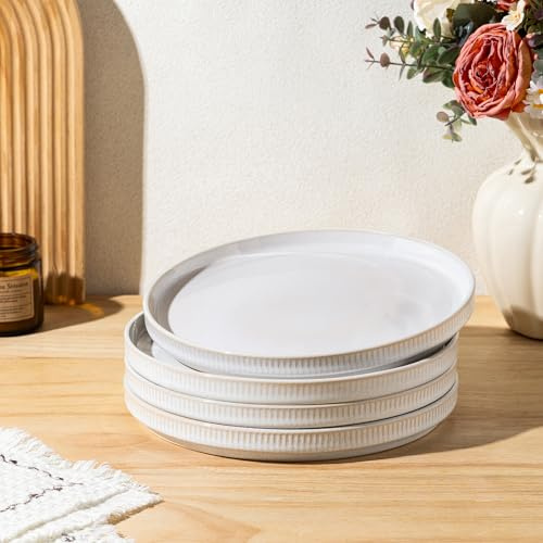 GBhome Middagstallrikar i stengods set med 4, handgjorda reaktiva glasyr, keramiska tallrikar (27 cm), rustikt ribbat fat för kök, mikrovågsugn och diskmaskinssäker, repbeständig – beige