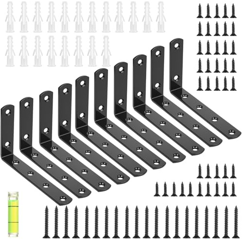 10 Pcs Equerre Etagere Murale Noire, Équerre Étagère Métal, Équerre de Fixation, Support Etagere murale, Équerres en L, Supports d'Étagère Noirs Flottants à 90 Degrés(125 x 75 mm)
