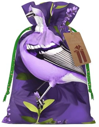 Bolsas de regalo con diseño de pájaro en lavanda púrpura con estampado de flores florales de Navidad, con cordón, saco festivo, Navidad, fiesta de cumpleaños, embalaje de regalo