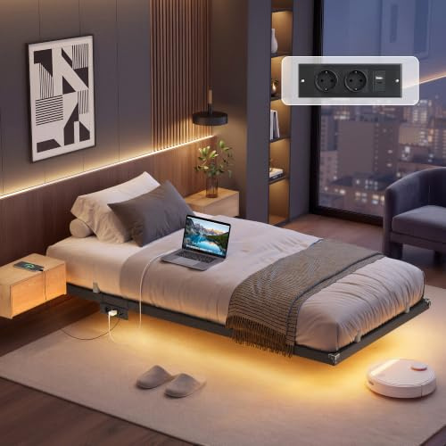 VASAGLE Marco de Cama 90 x 190 cm, Luces LED, Estación de Carga Extraíble | 2 Tomas CA, Puerto USB 2A+1C, Soporta hasta 250 kg, Colección CONNER RMB171B101