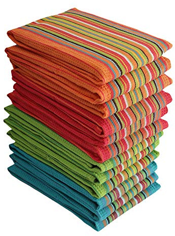 DG Collections Salsa Stripe Kitchen Dish Towels, 100% Cotton, Highly Absorbent, Multi Purpose Waffle Tea Towels for Cooking, Drying & Cleaning, 16x28 Inches, Pack of 12