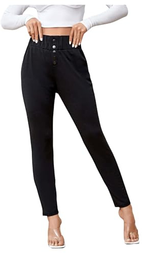 SweatyRocks Women's Casual Skinny Leggings Stretchy High Waisted Work Pants Elastic Waisted Button Black Small