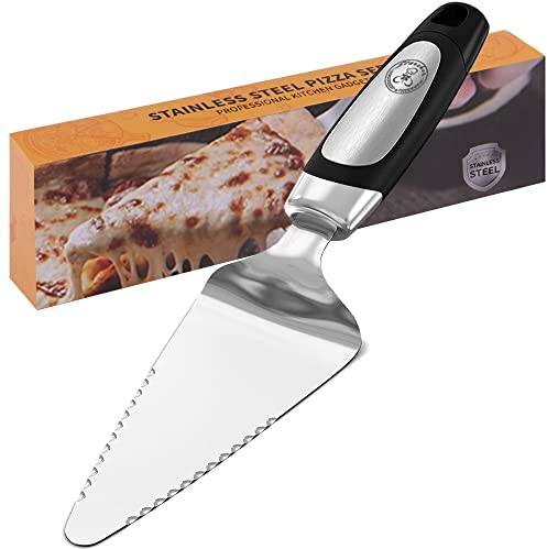 Starchef Paletta per torta e pizza, taglierina, divisore per affettare, spatola da taglio, design a doppia lama, impugnatura morbida, in acciaio inox, argento/nero (25 cm)