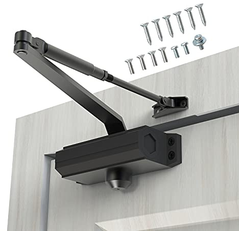 GEKRONE Automatic Door Closer Heavy Duty Fire Prevention Spring Hydraulic Aluminum Alloy Surface Mounted Residential Commerical Door Closer (Black, Size1-Door Weights 55-99 Lbs)