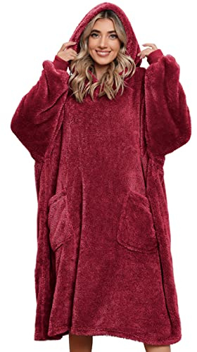 Tuopuda Sweat à Capuche Femme Homme Couverture Polaire Chaud Pull Hiver Plaid Peignoir Manche Longue Sweatshirt Doux Pullover Hoodie Chaude avec Poche pour Une Soirée Télé, Vin Rouge