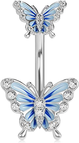 OUFER 14G Schmetterling Bauchnabelpiercing Chirurgenstahl 10 mm Stablänge Piercing Bauchnabel Bananabells CZ Nabelpiercing Reverse Silber Blue Frauen Männer