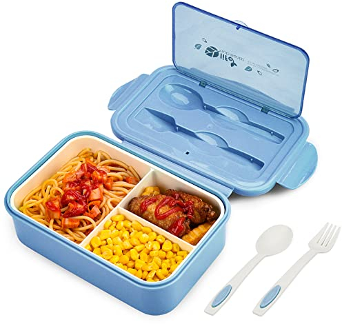 BIBURY Fiambrera, caja bento a prueba de fugas para niños adultos, recipiente para alimentos con 3 compartimentos y juego de cubiertos, lonchera comidas aptos para microondas y lavavajillas (Azul)