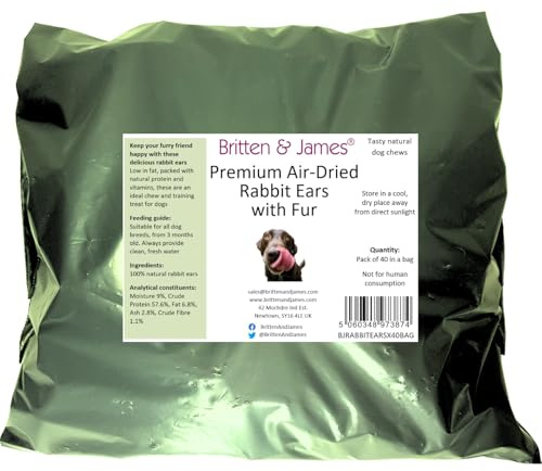 40 Airdried Rabbit Ears with Hair for Dogs by Britten and James